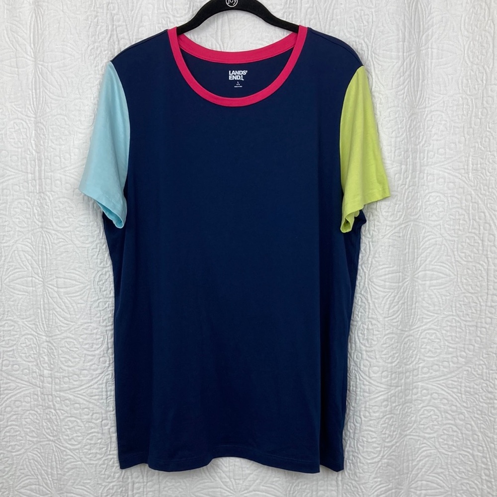 Land’s End Women’s Colorblock T-Shirt with Pink Trim sz Large
